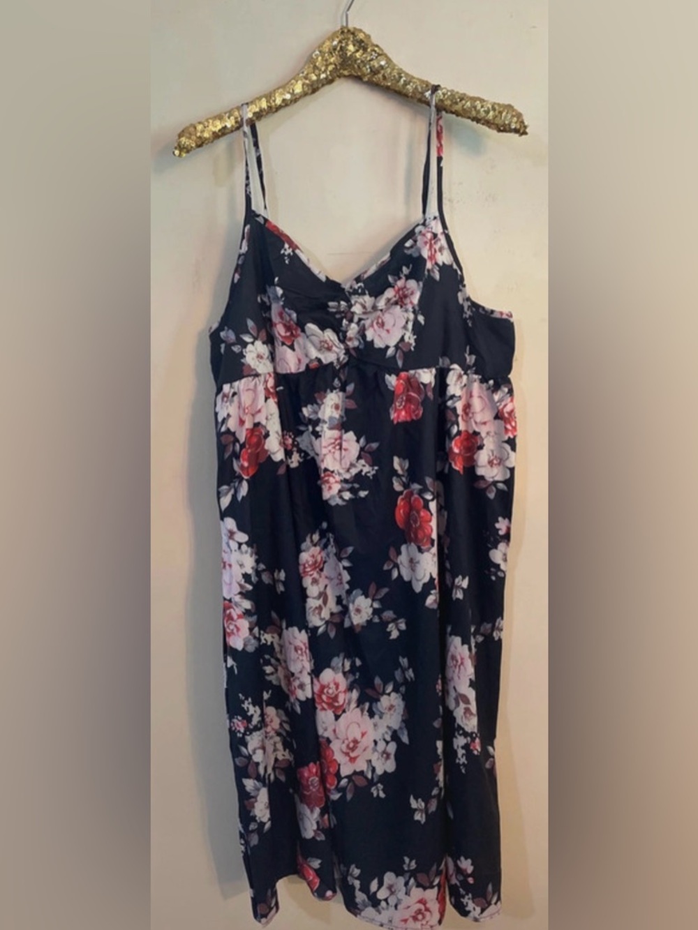 Floral Spaghetti Strap A-Line Dress in Black and Pink - Picture 4 of 10
